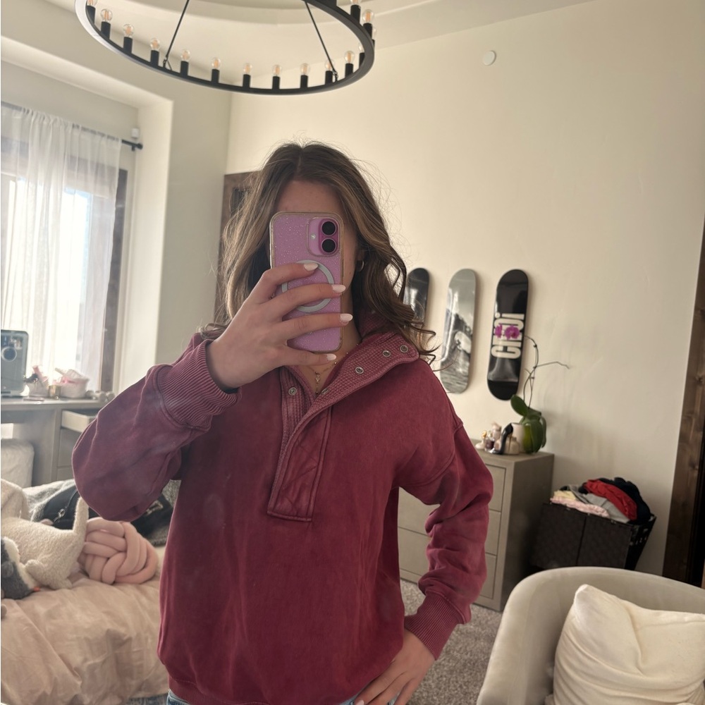 Aerie Maroon Half-Button-up Sweatshirt